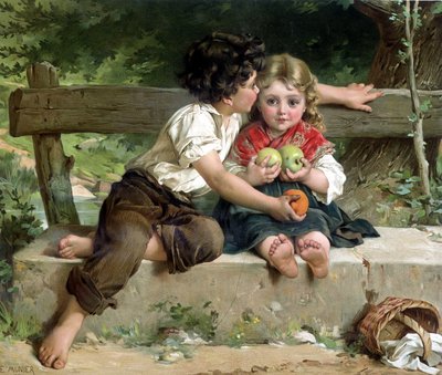 E.ムニエによると、ボーイボーイが少女にキスしてリンゴを与える 作： Émile (after) Munier