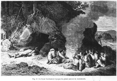 クマとマンモスの時代の葬儀の食事、ルイフィギエ（1819〜94年）の「L&39;Homme Primitif」のイラスト、アシェット、1870年 作： Emile Antoine Bayard