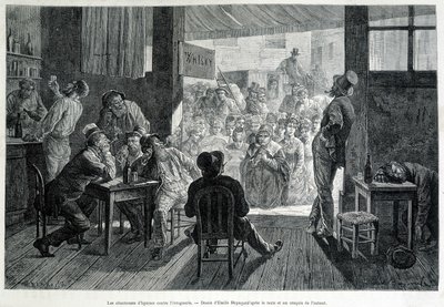 女人禁制のバーの前で、アルコール依存症に対抗して酔っぱらいに賛美歌を歌う女たちのグループ 作： Emile Antoine Bayard