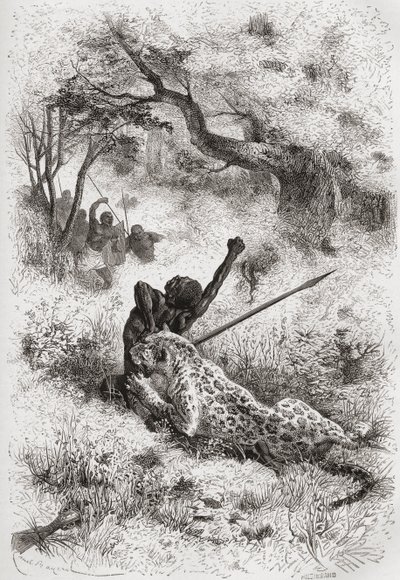 1878年に出版されたアンリテオフィルヒルディブランド（1824-97）によって刻まれた、「手の中の世界」のイラストを使ってアフリカを襲うヒョウ 作： Emile Antoine Bayard