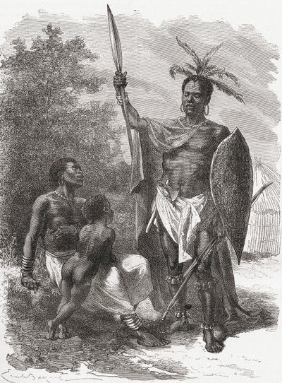 中央アフリカのウーゴゴ出身、戦争服を着たイラスト、「手の世界」のイラスト、1878年発行 作： Emile Antoine Bayard