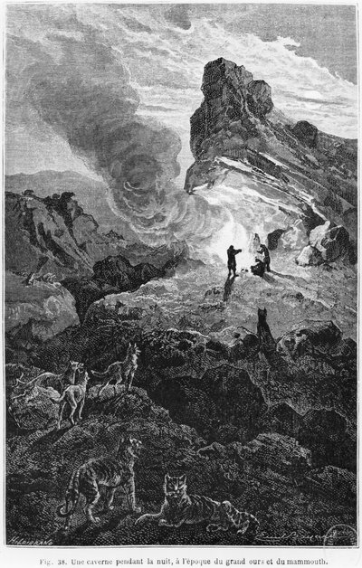 夜の先史時代の洞窟、ルイフィギエ（1819〜94年）の「L&39;Homme Primitif」のイラスト、1870年にアシェットが出版されました 作： Emile Antoine Bayard