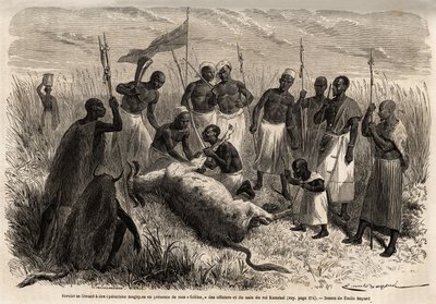 ウガンダで屠殺された牛肉に魔法をかける魔術師。1860年から1863年にかけてのスペイク船長のアフリカ発見航海を描いたエミール・バヤール（1837-1891）の作品。エドゥアール・シャルトン編『Le tour du monde』の図版 作： Emile Antoine Bayard