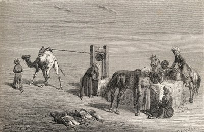 チャールズラプランテ（d.1903）によって彫刻された「手の中の世界」からのイラスト、1878年に出版されたサマルカンドとウズベキスタンのカルシの間の砂漠にある井戸 作： Emile Antoine Bayard
