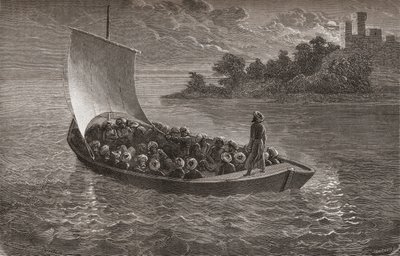 1863年にカスピ海を航行するアルミニオヴァンベリーとその仲間たち、ガシャールによって刻まれた「手の中の世界」のイラスト、1878年公開 作： Emile Antoine Bayard