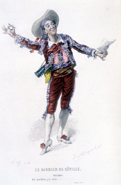 エドゥアール・フルニエによるボーマルシェ（1732-1799）の全作品。エミール・バヤールによるドローイング。エド。Laplace, Sanchez et Cie, Paris 1876年。これは「セビリアの理髪師」のフィガロです。 作： Emile Antoine Bayard