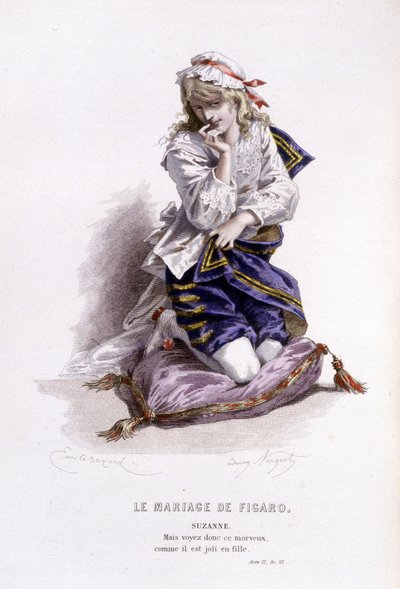 エドゥアール・フルニエによるボーマルシェ（1732-1799）の全作品。エミール・バヤールによるドローイング。エド。Laplace, Sanchez et Cie, Paris 1876年。これは "フィガロの結婚 "のシュザンヌです。 作： Emile Antoine Bayard