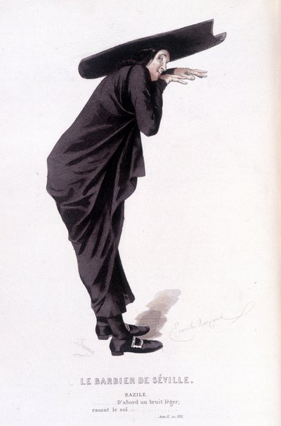 エドゥアール・フルニエによるボーマルシェ（1732-1799）の全作品。エミール・バヤールによるドローイング。エド。Laplace, Sanchez et Cie, Paris 1876年。これは「セビリアの理髪師」のバジールです。 作： Emile Antoine Bayard