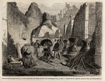 1864年のポンペイでの発掘作業中にパン屋のオーブンで発見され、灰の中に保存されていたパン。マルク・モニエ（1829-1885）のテキスト「ポンペイとポンペイ人」を説明するために、エミール・バイヤール（1837-1891）が描いたもの。ル・ツアー・デュ・モンド "に掲載された版画。 作： Emile Antoine Bayard