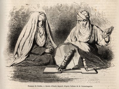 Boukhara（ウズベキスタン）の女性たち、紡ぐ仕事をしているところ。1867年から1868年にかけてのBasile Vereschaguineの中央アジアへの旅を説明するために、Emile Bayardが描いた絵の後のエングレーヴィング。 作： Emile Antoine Bayard