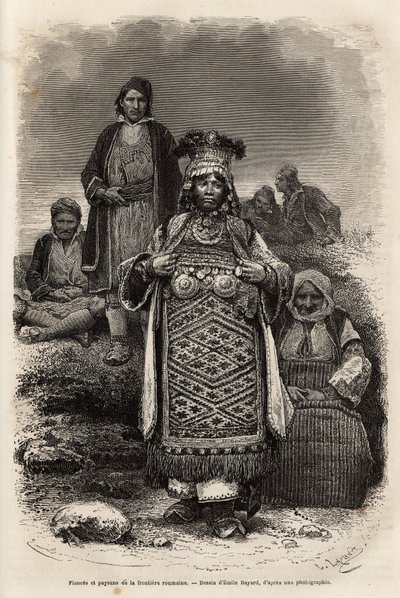 ルーマニア辺境の農民たち、1867年にギヨーム・ルジャンが行ったブルガリアへの旅を描いたエミール・バヤールの絵をもとにしたエングレーヴィング、1873年にエドゥアール・シャルトンが編集した「Le tour du monde」に掲載されたもの、アシェット版、パリ。セ 作： Emile Antoine Bayard
