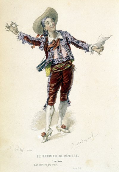 ボーマルシェの作品集（Oeuvres completes de Beaumarchais）の "Le barbier de Seville "の中のフィガロ。Laplace Sanchez & cie, Paris 作： Emile Antoine Bayard
