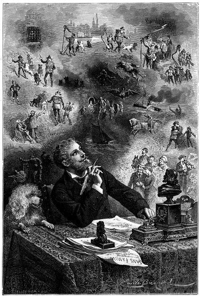 Emile BayardによるHetzel 1880年版Hector Malotの小説 "Sans Famille "の扉絵：作業机の上で登場人物や本の横糸を想像する作家 - Remiと旅芸人Monsieur Vitalisの一座のメンバーたち 作： Emile Antoine Bayard