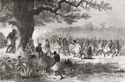 1871年の遠征中に戦いの準備をしているVouagogos部族を見ていたHenry Morton Stanley、「The World in the Hands」のイラスト、1878年公開 作： Emile Antoine Bayard