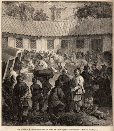 チェン・ピン・チェウのホステルの中庭。1859年から1862年にかけて、駐中国フランス公使M.de Bourboulonによる上海からモスクワへの旅を説明するために、Emile Bayard（1837-1891）が描いたもの。エドゥアール・シャルトン編集の「Le tour du monde」に掲載された版画。 作： Emile Antoine Bayard