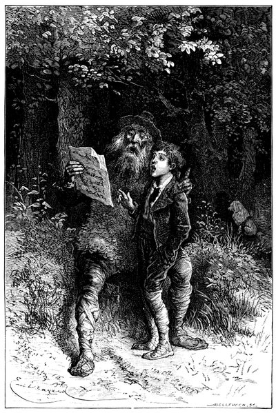Emile BayardがHector Malotの小説 "Sans Famille "のために描いたイラスト。レミはムッシュ・ヴィタリスと一緒に歌います。旅するアーティスト、ストリートミュージシャン、ソルティンバンク、Edition Hetzel 1880 作： Emile Antoine Bayard