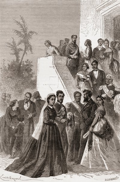 アンリテオフィルヒルディブランド（1824-97）によって彫刻された「手の中の世界」のイラストが描かれたカメハメハ5世と家族のイラスト、1878年発行 作： Emile Antoine Bayard