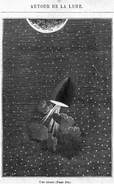 月に向けて出発、ジュールヴェルヌ（1828-1905）による「月の周り」のイラストパリ、ヘッツェル、アンリテオフィルヒルディブランド（1824-97）による彫刻 作： Emile Antoine Bayard