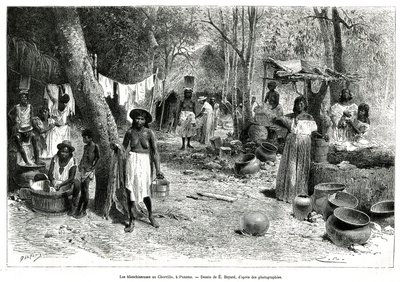Les blanchisseuses au Chorillo, Panama, E.BAYARDの図面に基づくエングレーヴィングで、1876年から1878年にかけて船の中尉であったA.RECLUSが行ったパナマとダリエンの島での探検の物語を説明するためのもので、tour du monde誌に掲載された。 作： Emile Antoine Bayard