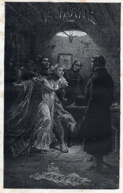 ジャベールに逮捕されたファンティーヌを助けに来たムッシュ・マドレーヌ - エミール・バイヤール（1837-1891）による「Les miserables - Premiere partie」の挿絵。ヴィクトル・ユーゴー（1802-1885）の『ファンティーヌ』（1862年）の挿絵 作： Emile Antoine Bayard