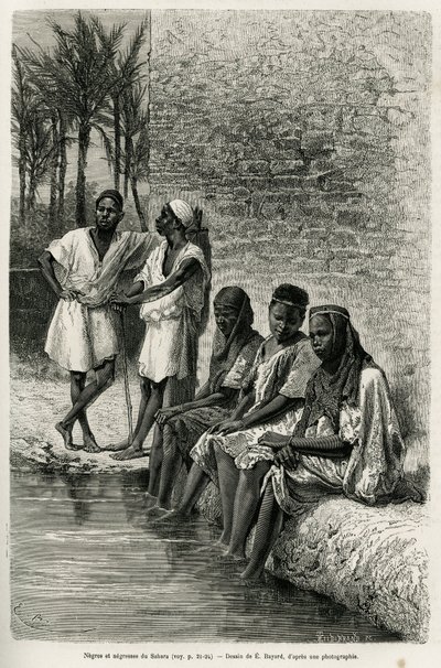 Oued Rihrのほとりにいるサハラのネグレスとネグレスたち。1874年から1878年にかけてV.Largeauがアルジェリアのサハラ砂漠を描いた際にE.Bayardが描いたもので、Edouard Charton（1807-1890）の指揮の下、Tour du monde誌に掲載された。 作： Emile Antoine Bayard