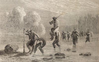 ポールマルコイと彼の遠征は1874年にチュンチョインディアンによってアルゼンチンの沼地を横切って運ばれ、「手の世界」のイラスト、1878年に出版されました 作： Emile Antoine Bayard