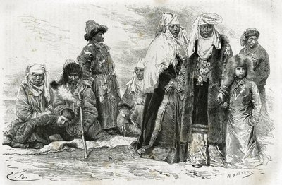 貧しいキルギス人と豊かなキルギス人の女性。1876年から1878年の間に、エドゥアール・シャルトンが指揮したツアー・デュ・モンドに参加したマリー・ドゥ・ユファルビー＝ブルドンが、オレンブルクからサマルカンドまでの旅の印象を描いたエミール・バイヤールの版画。 作： Emile Antoine Bayard