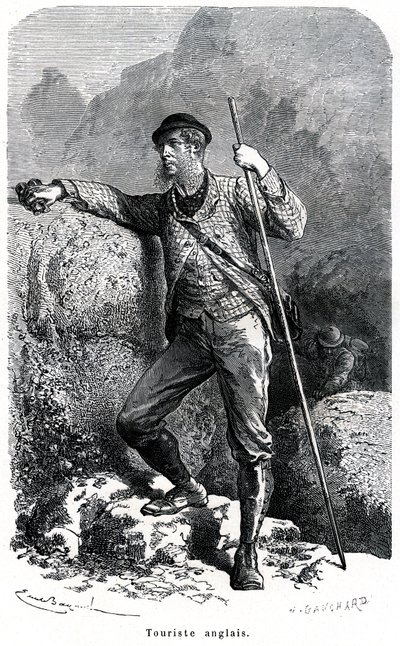エミール・バイヤールが描いたイギリス人観光客の肖像 - 19世紀の観光業 - 1884年に出版された書籍「ムーア人と民族の特徴」の挿絵に描かれています。 作： Emile Antoine Bayard