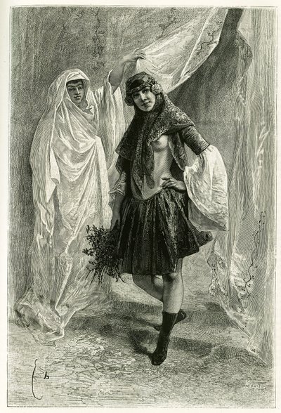 ペルシャの王女ジバ・カヌームの肖像。1881年から1882年にかけて、ジェーン・ディウラフォイ（旧姓マグレ）が執筆した物語「ペルシャ、カルディ、スシアネ」を説明するために、E.BAYARDが写真をもとにして描いた版画。 作： Emile Antoine Bayard