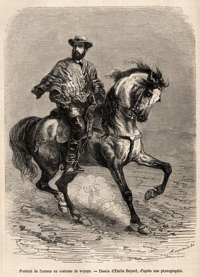 1870年から1874年にかけてエンジニアのA.ブレッソンが「Le tour du monde」に掲載したアカタマとカラコレス（南アメリカ）の砂漠での物語を描いたエミール・バヤールの絵をもとに、旅行用の衣装を着て馬上にいる著者の肖像をエングレーヴィングしたもの。 作： Emile Antoine Bayard