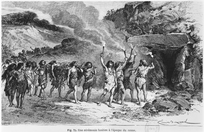 先史時代の葬儀、ルイフィグイエ（1819〜94年）による「L&39;Homme Primitif」のイラスト、1870年にアシェットを公開 作： Emile Antoine Bayard
