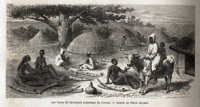 ウガンダでトルコ人商人のために象牙を準備する様子。1860年から1863年にかけてのスペーク船長のアフリカ発見の航海を描いたエミール・バヤール（1837-1891）の絵。エドゥアール・シャルトン編集の「Le tour du monde」に掲載されている図版 作： Emile Antoine Bayard