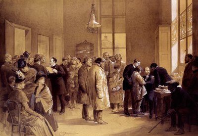狂犬病の予防接種。ルイ・パスツール（1822-1895）は、1885年6月7日、ウルム街の実験室で、ゴーシェ博士がロシア人の子供、ジョセフ・マイスターに狂犬病のワクチンを接種している間、ファンにアピールしていた。"エミール・バイヤール（1837-1891）のプリント 1886年 パリ、パスツール美術館 作： Emile Antoine Bayard