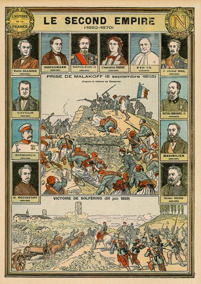 第二帝政 1852年～1870年 - マラコフの攻略 1855年9月8日 - ソルフェリーノの勝利 1859年6月24日 - エミール・オリヴィエ、オスマン男爵、ナポレオン3世、インペラートル・ユージニア、教皇ピウス9世、マレシャル・ニエル、ヴィクトル・エマニュエル（ヴィクトル・エマニュエル）（ヴィットリオ・エマニュエル）2世 o 作： Emile Antoine Bayard