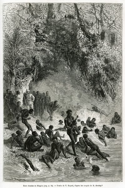 カラグエ地方（カメルーン）の入浴者の中にいるアンリ・モートン・スタンレー卿（1841-1904）。 作： Emile Antoine Bayard