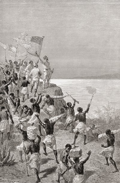 スタンリーとその遠征隊が1872年に東アフリカのタンガニーカを初めて目撃したとき、「手の中の世界」からの挿絵、1878年公開 作： Emile Antoine Bayard