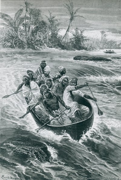 コンゴ川の急流を乗り越えるスタンレー（エミール・バヤール画 作： Emile Antoine Bayard
