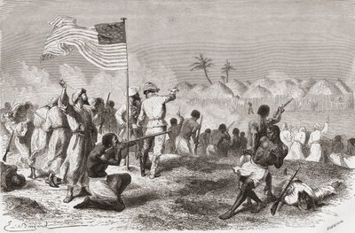 1871年の遠征中のスタンレーのジンビソ攻撃、アンリテオフィルヒルディブランド（1824-97）によって刻まれた「世界の手の中」のイラスト、1878年公開 作： Emile Antoine Bayard