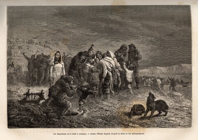 フリードリヒシュタール（グリーンランド）付近でオルゴールを発見したエスキマ人の驚き。1869年から1870年にかけて、ヘ号船長によるラ・ゲルマニア号とラ・ハンサ号の北極点への航海を描いたエミール・バヤールの絵の後に彫られている。 作： Emile Antoine Bayard