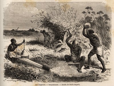 エミール・バヤール（1837-1891）が、1860年から1863年にかけて行われたスペーク船長のアフリカ発見航海を描いた「ウニャムエジの鍛冶屋たち」。エドゥアール・シャルトン編集の「Le tour du monde」に掲載された図版 作： Emile Antoine Bayard