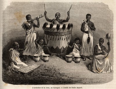カラグ（ヴィクトリア湖の西、現在のジンバブエ）の宮廷楽団。1860年から1863年にかけてのスペイク船長のアフリカ発見航海を描いたエミール・バヤール（1837-1891）の絵。エドゥアール・シャール編『Le tour du monde』に掲載された図版 作： Emile Antoine Bayard