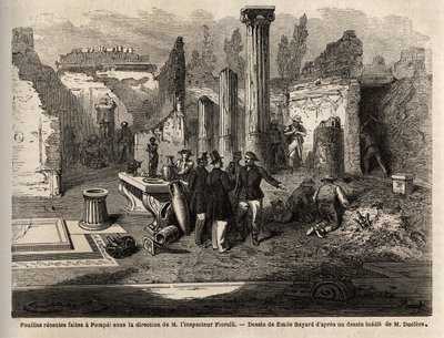マルク・モニエ（1829-1885）のテキスト「ポンペイとポンペイ人」を説明するためにエミール・バイヤール（1837-1891）が描いた、フィオレッリ検査官の指示による1864年のポンペイでの発掘調査の様子。エドゥアール・チャート編『世界一周』の図版 作： Emile Antoine Bayard