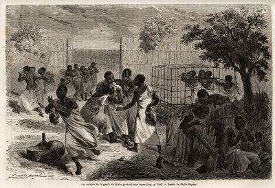 1860年から1863年にかけて行われたスペーク船長のアフリカ発見航海を描いたエミール・バイヤール（1837-1891）の絵「ウガンダ王の護衛兵、ムテサの食事」。エドゥアール・シャルトン編集の「Le tour du monde」に掲載されている図版 作： Emile Antoine Bayard