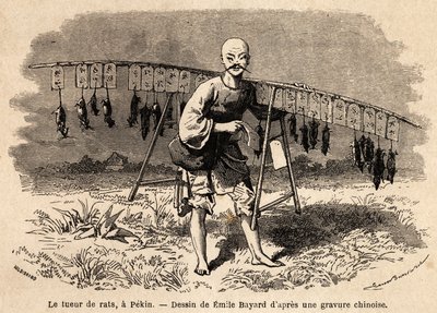 ペキンのネズミ退治。1859年から1862年にかけて、駐中国フランス公使M.de Bourboulonが行った上海からモスクワへの旅を説明するために、Emile Bayard（1837-1891）が描いたもの。エドゥアール・シャルトン編集の「Le tour du monde」に掲載されている図版 作： Emile Antoine Bayard