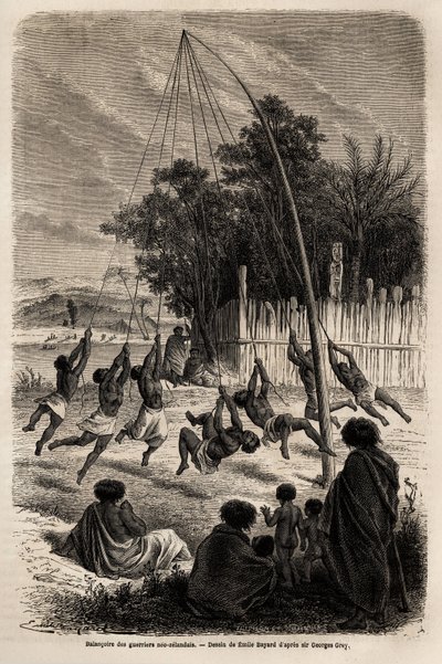 オークランド地峡でのネオ・ゼランの戦士たちの揺れ。エミール・バイヤール（1837-1891）が描いたもので、フェルディナン・ド・ホシュテッターが1858年から1860年にかけてニュージーランドを旅した際の図版。エドゥアール・シャルトン編集の「Le tour du monde」に掲載された版画 作： Emile Antoine Bayard