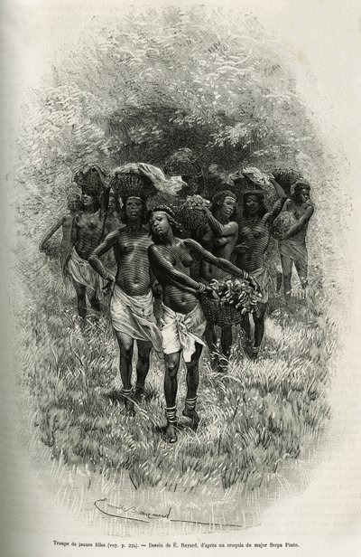 S.Pintoと彼の部下のために食料で満たされたバスケットを運ぶ若い女の子の集団。1877年から1878年にかけてセルパ・ピント少佐が大西洋からインド洋までアフリカを横断した話を説明するためのエミール・バヤールによるエングレーヴィングである。 作： Emile Antoine Bayard