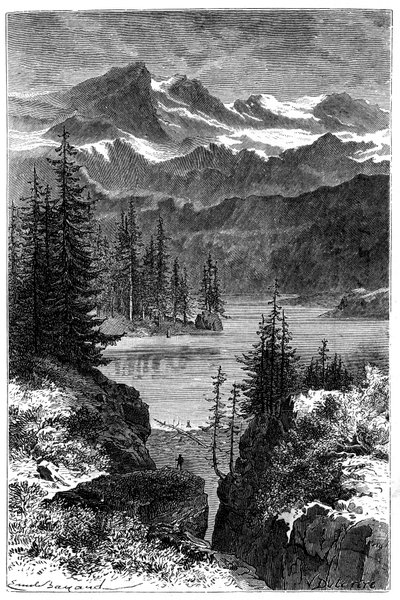 アルプス山脈の眺め：森、湖、峰々。1881年に出版された『Les Montagnes d