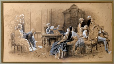 作品を読む作家アレクサンドル・デュマ・ジュニア（1824-1895） エミール・バイヤール（1837-1891）作のグワッシュで引き立てられたラヴィ・ダンクル（Lavis d