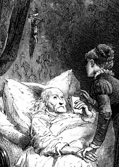 壁から吊るされた十字架の下で、ベッドで死にかけている老人を見守る若い女性。死にゆく男は最後の提言（遺書）を手で持っている。エミール・バイヤールがジュール・サンドーの著書「セグリのマドモアゼル」の挿絵として描いた版画の詳細。 作： Emile Antoine Bayard