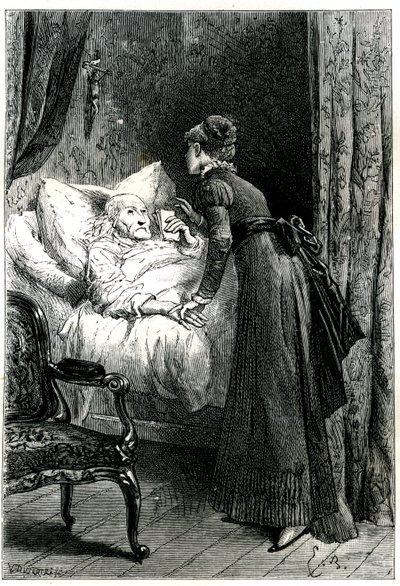 壁から吊るされた十字架の下で、ベッドで死にかけている老人の世話をする若い女性。死にゆく男は、最後の提言（遺書）を手で持っている。ジュール・サンドーの著書「聖職者のマドモアゼル」の挿絵を描いたエミール・バイヤールのエングレーヴィング、ヘッツェル・エ 作： Emile Antoine Bayard